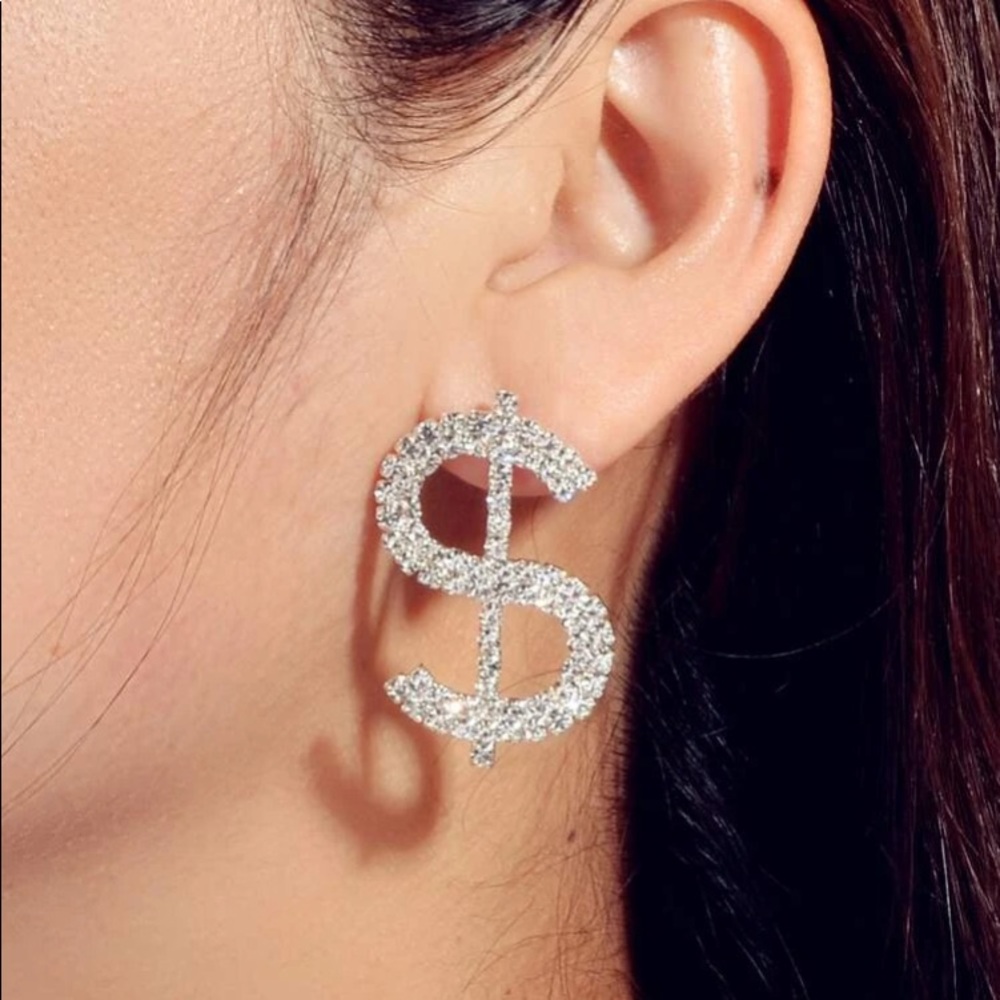 ๐ต Awesome Oversized Rhinestone Dollar Sign Money Earrings ๐ต - Picture 1 of 4